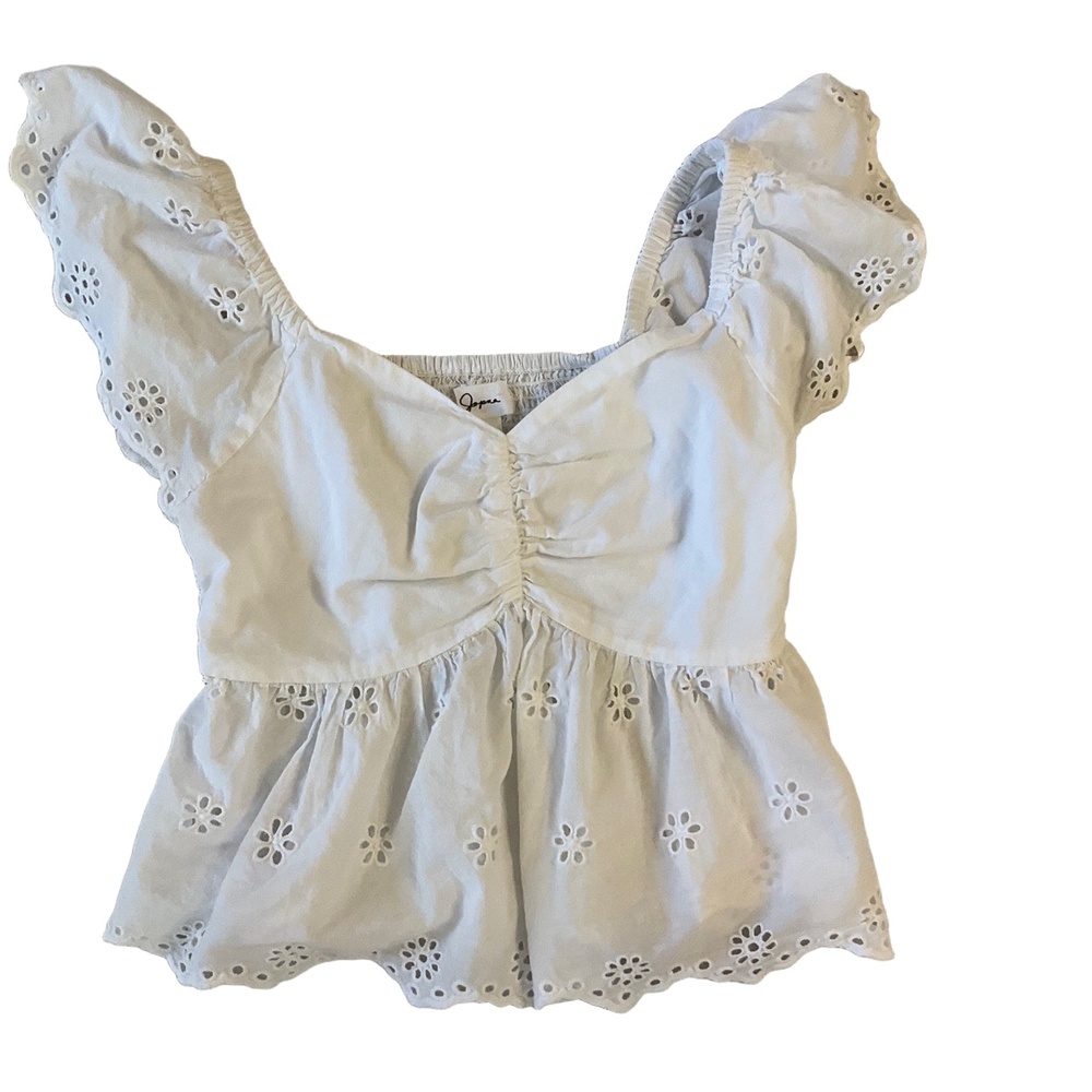 Japna White Eyelet Embroidery Flutter Sleeves Ruching Peplum Top Medium